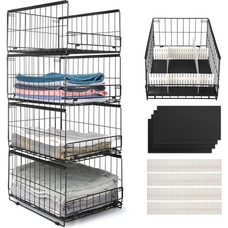 Lot de 4 Organisateur Armoire Vetement Placard Rangement Boite Rangement Armoire Vetement Organisateur Placard Vetement Pliable Empilable Métal pour Chambre Penderie Vetement (1/5)