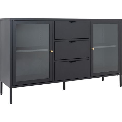 HUGO - Buffet 2 Portes Vitrées 3 Tiroirs en Métal Laqué Noir (1/5)