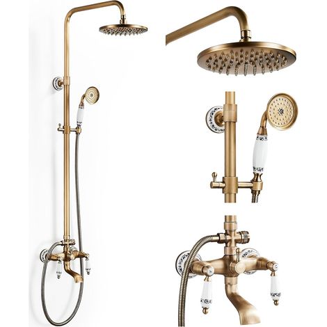 Colonne de Douche Laiton Rétro avec Mitigeur, Système de Douche Ensemble de Douche Kit de Douche Mural avec 20 cm Tête de Douche, Douchette, Robinet de Bain, Réglable Hauteur 700-1200mm