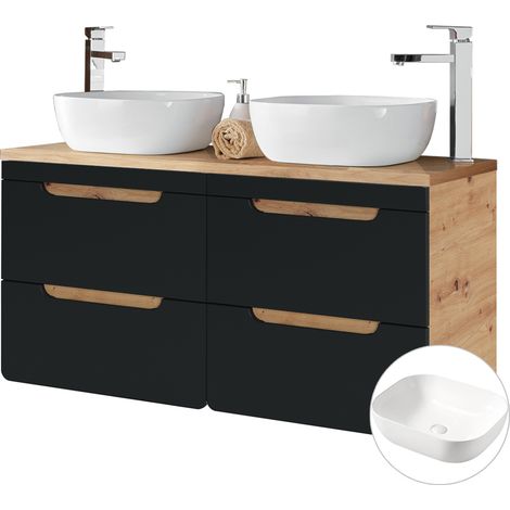 Doppel-Waschtischunterschrank 120 cm mit Keramik-Aufsatzbecken NEW-LUTON seidenmatt anthrazit mit Wotan Eiche Nb. B/H/T ca. 121/76,5/46 cm (1/5)