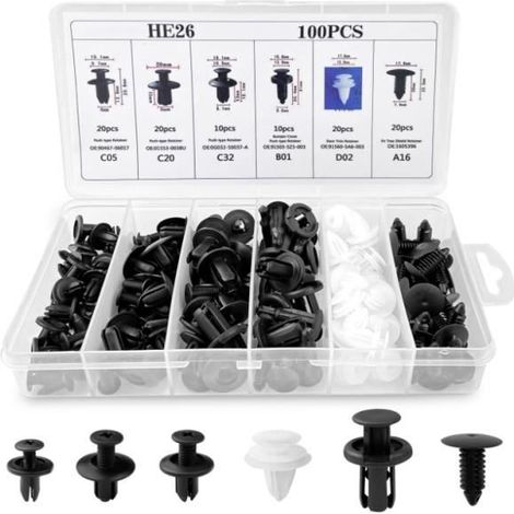100 Pièces Clips Voiture Universel, 6 Taille Clips de Fixation Voiture Outils, Rivet Plastique, Agrafes Carrosserie pour Pare-Chocs (1/4)