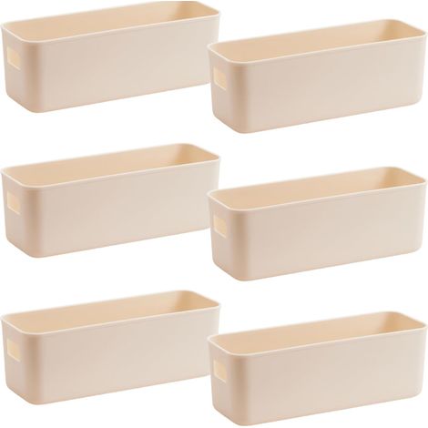 6 Boite Rangement Plastique,28cm Latéral étroit Boite de Rangement,Paniers et Boîtes de Rangement avec Poignées,Bac de Rangement Pour Cuisine,Salle de Bains,Bureau 28x10x11cm (Beige) (1/5)
