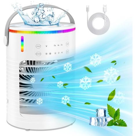 Nuovo condizionatore d'aria portatile: raffreddatore evaporativo con 4 velocità, funzione nebulizzante, vassoio per cubetti di ghiaccio, serbatoio dell'acqua da 900 ml, illuminazione a LED a 7 colori (1/5)