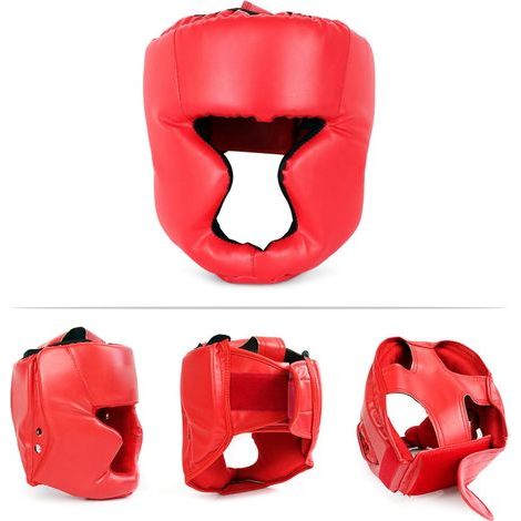 Box-/Sparringhelm für Erwachsene, aus PU-Leder, mit dicker Schaumstoffpolsterung, verstellbarem Klettverschluss, vollständiger Schutz für Kopf, Wangen und Kinn, rot. (1/5)