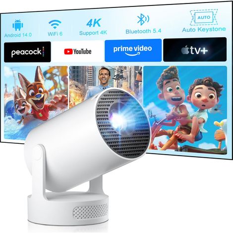 [2026 Upgraded & Apps intégrées] Mini Videoprojecteur compatible 4K 1080P, Pico Projecteur Intelligent Android 14, Portable Video projecteur d'extérieur, haut-parleur 5W WiFi6 et Bluetooth 5.4 (1/5)