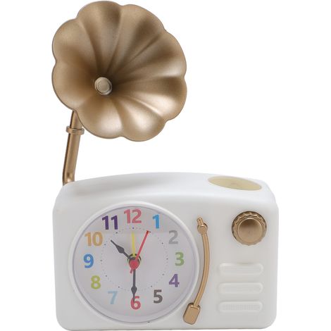 Réveil à manivelle phonographe rétro en plastique fonction pile AA déco bureau chambre cadeau Noël blanc 17x11.8x7.8 cm 130 g (1/5)