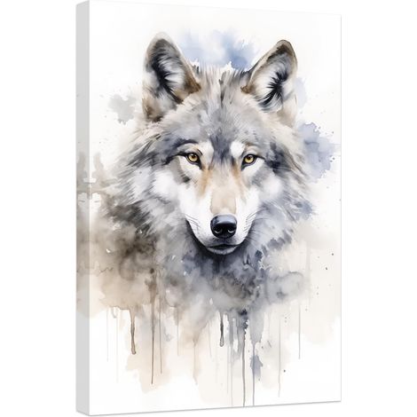 Toile murale avec motif loup - Aquarelle - Portrait abstrait de la faune sauvage - Pour salon, chambre à coucher, bureau, maison - Décoration murale encadrée (40 x 60 cm) (1/5)