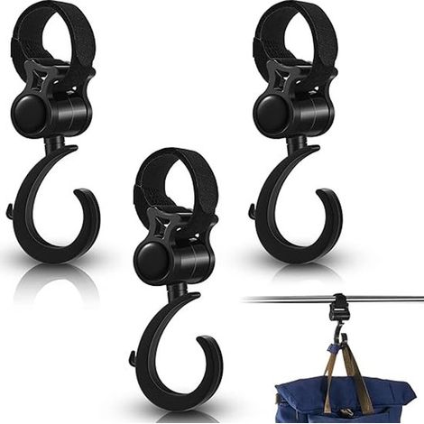 Lot de 3 supports de béquille universels – Réglables – Avec clip rotatif 360° – Crochets pour déambulateurs et poussettes – Noirs (1/5)