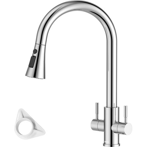 DAYONE Chrome Pull-Out Kitchen Tap Dual Lever Sink Mixer Taps, SUS304 Stainless Steel Sink Mixer for 1 Hole Sink Tap, 360°Swivel High Arc 3 Spray Mode Kitchen Faucet UK Standard