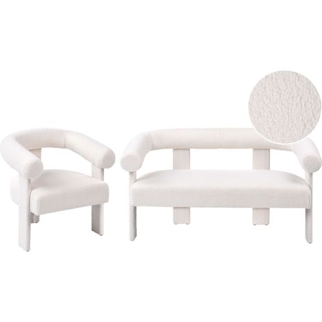 Set da salotto divano a 2 posti poltrona imbottita bouclé bianco sporco Ilbro