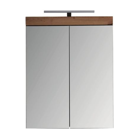 AMANDA - Armoire de toilette murale mélaminé avec bandeau lumineux blanc/chêne - 2 portes miroir. L - H - P : 60 - 77 - 17 cm (1/3)