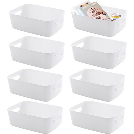 8 Panier Rangement,Plastique Blanc,Poignée,Cuisine,Salle De Bain,Bureau (1/5)