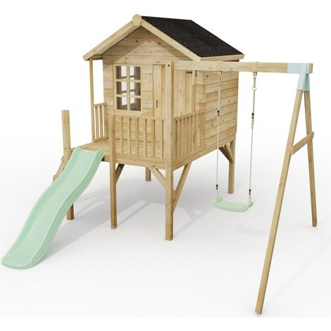 ClassicPlay Premium 5ft Playhouse on Deck with Single Swing and Slide Mint Green (1/5)