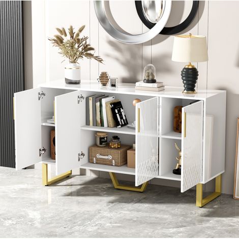Buffet haut brillant 4 portes, blanc, MDF, 140 x 40 x 80 cm HAVRYA (1/5)