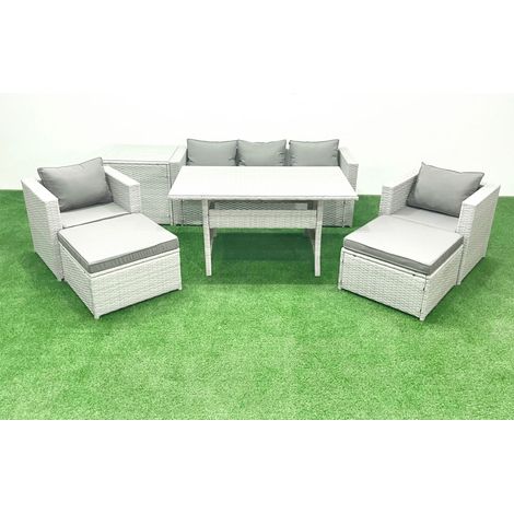 Fimous Gartenmöbel-Set aus Rattan mit Sofa Esstisch 2 Sesseln 2 Großer Hockern Beistelltisch Hellgrau gemischt (1/5)