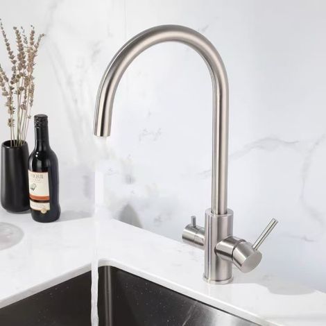 304 Stainless Steel Brushed Direct Drinking Pure Hot and Cold Water Multifunctional Kitchen Faucet - Brushed Zinc Alloy Large Curve Three-Way Faucet