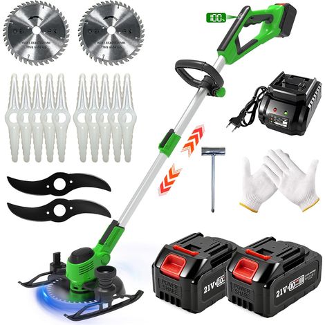 Debroussailleuse Electrique sans Fil, Coupe Bordure sans Fil avec 2 Batteries et avec 3 Types de Lames, 21V Debrouissalleuses Batterie,Télescopique, pour Jardin, Pelouse, Herbe et Bordures,Vert (1/5)