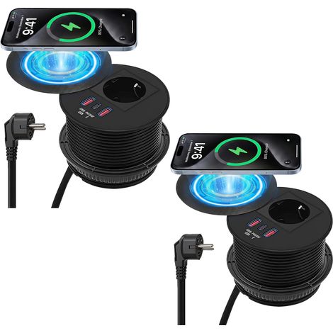Prise de bureau encastrable avec USB C, prises de table de 90 mm avec couvercle, 2 ports USB-A PD 20 W et charge sans fil 15 W, câble d'alimentation de 1,8 m, prise pour meubles, plan de travail (1/5)