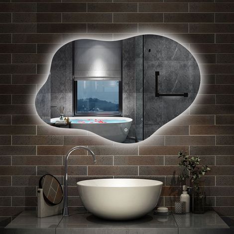 Aica Sanitaire – Miroir lumineux de salle de bain 100×66cm – Rétro-éclairage dimmable – Anti-buée – Design asymétrique – 3 couleurs – Mémoire