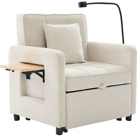 Fauteuil convertible avec tablette et rangements Beige en chenille (1/5)