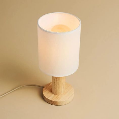 Lampe à poser en bois d'hévéa et abat-jour en tissu marron clair H26 cm douille E27 - PANGIVO (1/5)