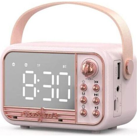 Enceinte Bluetooth rétro rose, portable, avec réveil, volume élevé, compatible avec carte TF, clé USB et entrée AUX, idéale pour la cuisine, la chambre, la maison et les activités de plein air.