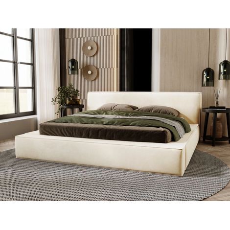 Graingold – Lit avec tiroirs 180x200 cm – Tissu velours beige hydrofuge – Large tête de lit – Coffre de rangement avec vérins à ressort (1/5)