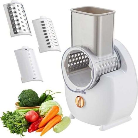 Electric cheese grater, electric salad maker, multi-grater, fruit cutter, professional automatic chopper with multiple conical blades for fruit and vegetables, stainless steel, white (1/4)