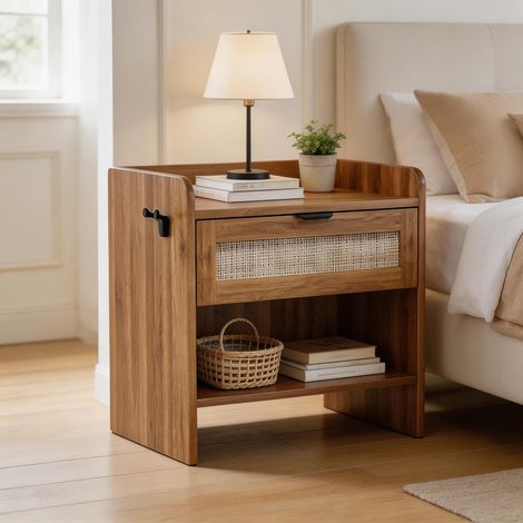 Table de Chevet Rotin Bohème avec Station de Charge USB-C et Tiroir, Meuble d’Appoint Noyer, Marron (1/5)