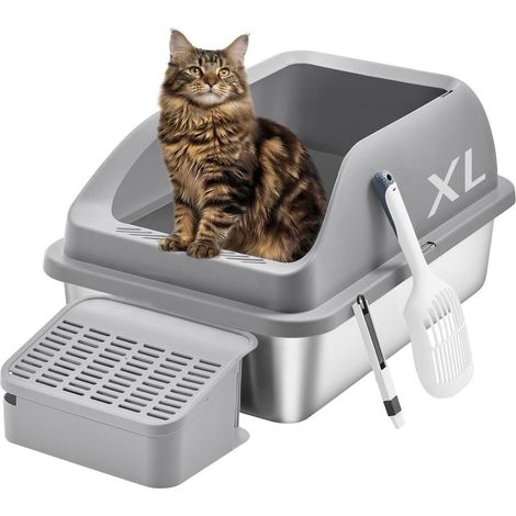 Bac à litière pour chat design moderne ouvert 62 x 42 x 30 cm facile à nettoyer en acier inoxydable gris ardoise (1/2)
