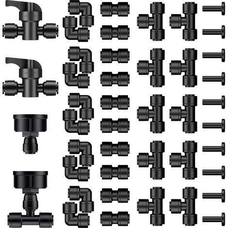Lot de 44 connecteurs de tuyau de 6,35 mm, kit de tuyau goutte-à-goutte avec raccords en T, accouplements, coudes, bouchons d'extrémité, vannes d'arrêt et adaptateurs de robinet (1/5)