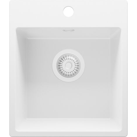 PRIMAGRAN Evier Cuisine en Granit 38x44cm, Lavabo 1 bac + Kit de Vidage, Évier à Encastrer au meuble 40cm - Riga Easy, Tout Blanc
