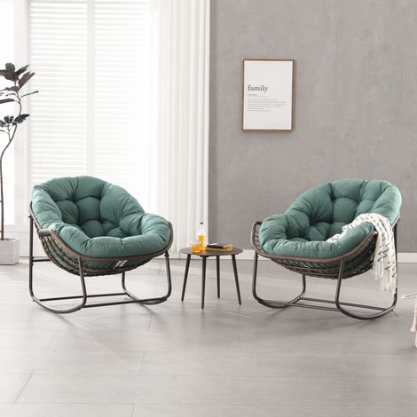 Fauteuil à bascule extérieur en rotin tressé, chaise œuf surdimensionnée avec coussin épais vert clair pour balcon et jardin (1/5)