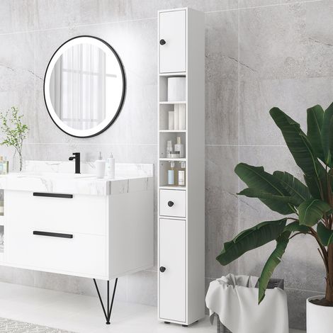 Colonne de rangement armoire haute pour salle de bain 1 tiroir 4 étagères réglables et 2 placards 20 x 20 x 180 cm blanc
