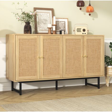 Buffet 140x39.5x80 cm bois en panneaux de particules avec cannage en rotin naturel et 4 portes (1/5)