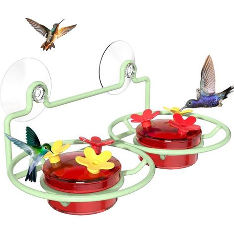 Mangeoire à ventouses - Mangeoire silo pour petits oiseaux - Mangeoire pour oiseaux de jardin - Base en métal - 6 trous d'alimentation - Facile à nettoyer et à remplir de graines rouges pour oiseaux (1/5)