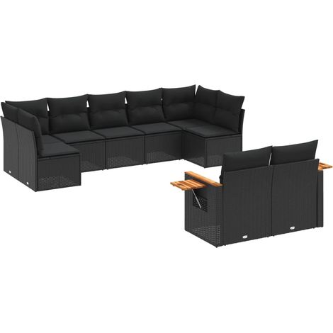 Salon de jardin 9 pcs Mobilier de jardin avec coussins noir résine tressée (1/5)