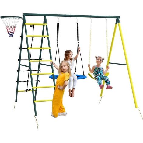 Structure de balançoire double, panier de basket et échelle d'escalade, couleur jaune, dimensions 267×180×202 cm