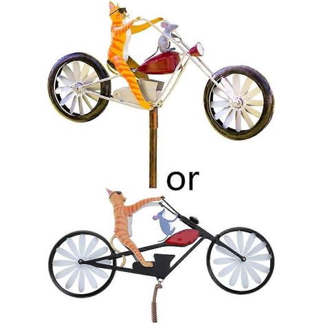 Windspiel aus Schmiedeeisen in Fahrradform mit Standstange, 3D-Tiermotiv (Katze, Maus), Fahrrad, Windmühle, Windrad für Garten, Hof, Rasen, Innenhof