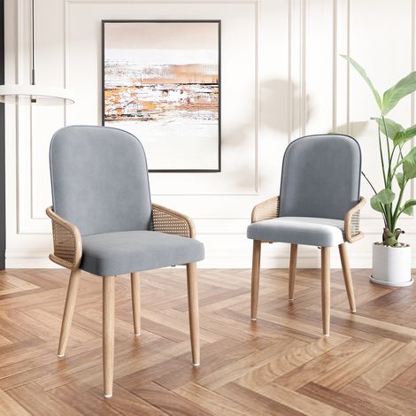 Chaise à manger en velours,ensemble de 4 personnes,design en rotin,salon,chambre,avec quatre pieds métalliques (effet grain bois),gris