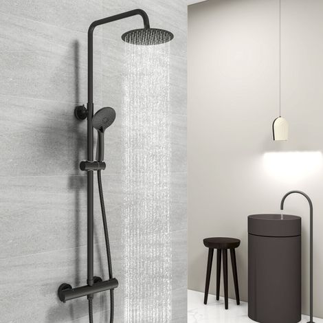 Acezanble Colonne de douche thermostatique en chrome noir, douche de tête carrée, corps en laiton avec douchette, système de douche de salle de bain réglable en hauteur. (1/5)