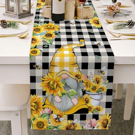 Chemin de table en coton et lin avec motif de tournesol et gnome, décoration de table pour le printemps, Pâques, la cuisine ou la salle à manger à la campagne, multicolore (1/5)