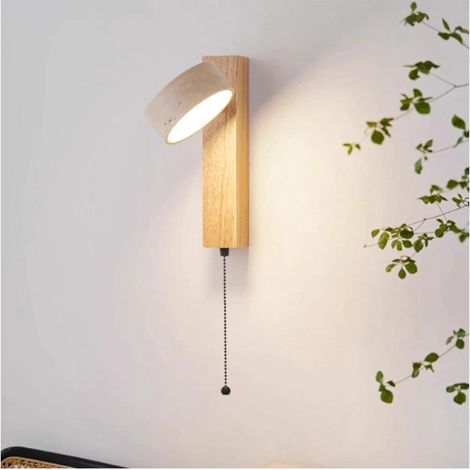 Lampe murale japonaise en bois orientable – Lumière en pierre naturelle jaune vintage en travertin de 180°, avec cordon d’extraction pour la chambre/le balcon/la table de nuit (Couleur bois+Cordon [Cl (1/5)