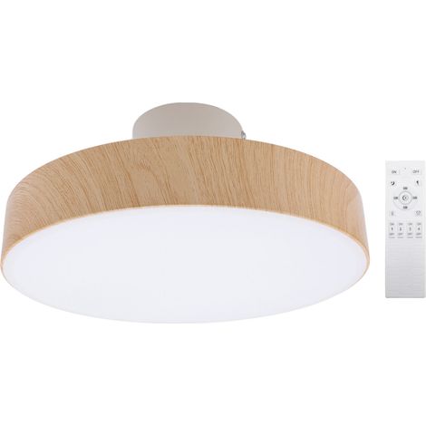 Plafonnier LED moderne et minimaliste rond avec télécommande, 3 températures de couleur et intensité variable en continu, idéal pour le salon, la chambre ou la buanderie, couleur bois naturel. (1/5)