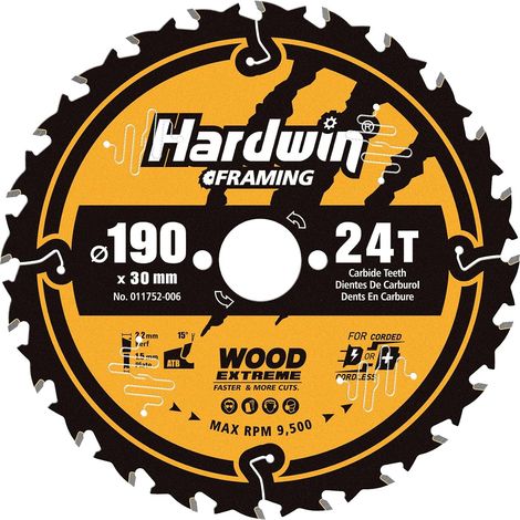 Circular Saw Blade 190 x 30 mm (24 Teeth), for Wood, Particleboard, Plywood, Hardwood, etc. Compatible with 190mm, 30mm (1/5)