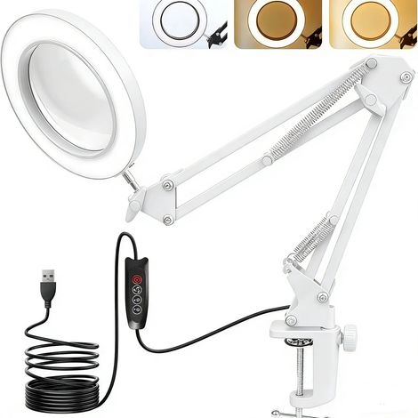 Lampada con lente d'ingrandimento e illuminazione a LED - Lampada da tavolo con lente d'ingrandimento integrata - Lampada con lente d'ingrandimento 10x - Supporta 3 modalità di colore e 10 livelli ... (1/5)