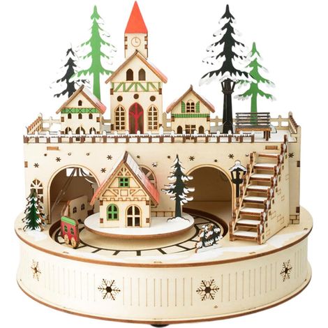 Boîte à musique de Noël en bois avec lumière LED chaude, affichage de table de scène de village 3D pour étagère de cheminée, de maison de vacances, maison de village musicale LED avec musique le (1/5)