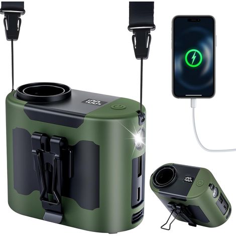 Ventilatore portatile da 14800 mAh e 40 ore, 5 velocità, 16000 giri/min, con luce LED, ventilatore da collo a mani libere per esterni, cantieri edili, fattorie, viaggi, pesca (verde)