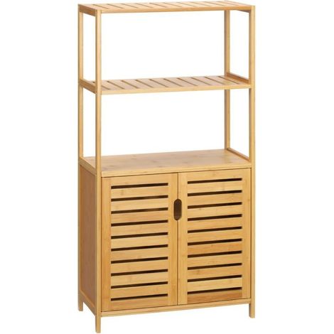 Cómoda de baño de bambú y madera natural, con puertas de lamas y estantes de almacenamiento (1/5)