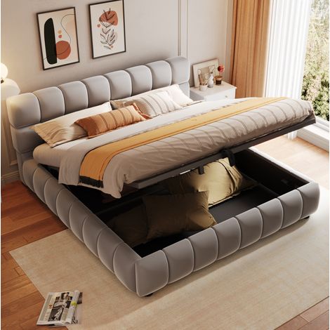 Cama tapizada 140x200 cm en terciopelo gris con cabecero acolchado y arcf3n hidre1ulico (1/5)